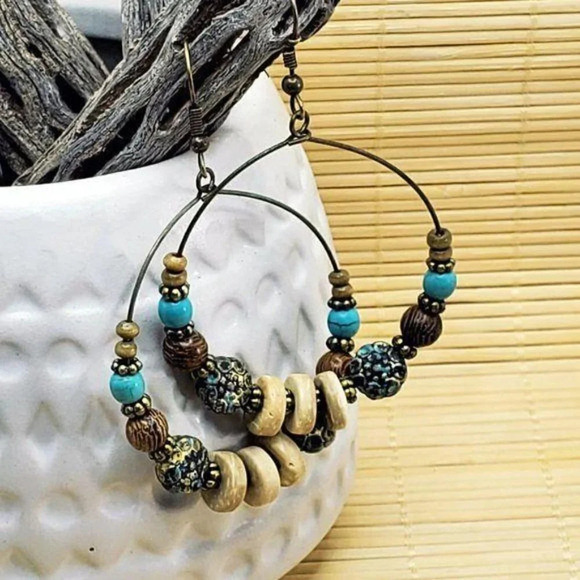 Boho Antiqued Patina Wood Beads Hoop Earrings - Picture 1 of 7